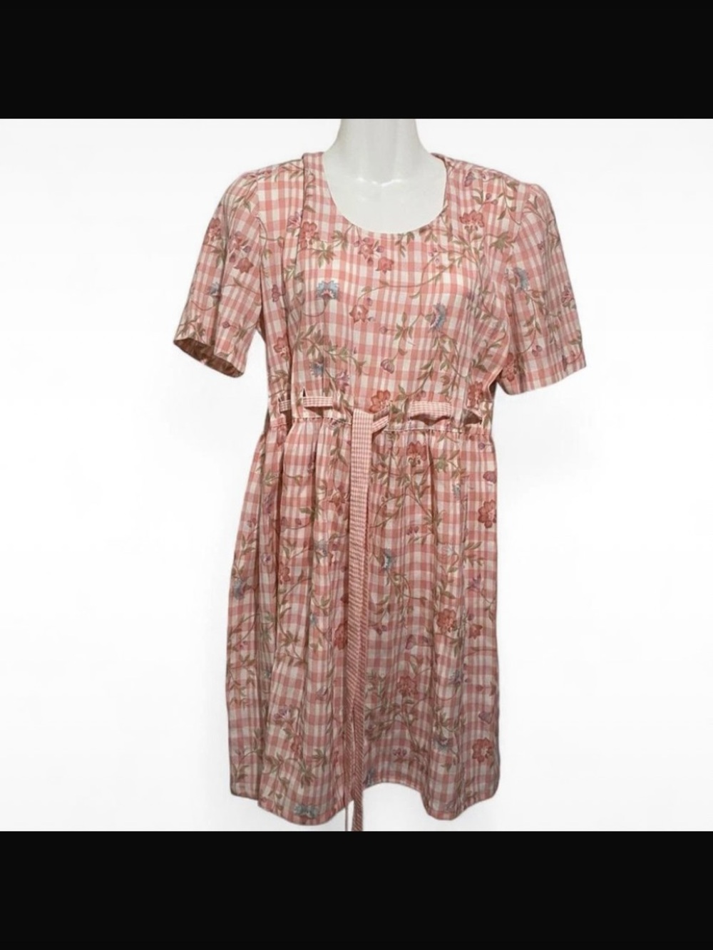 Vintage Pink Floral Gingham Mini Dress with Waist Tie